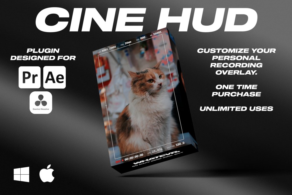 Cine HUD by WHATEVR, panel + titles for Premiere Pro, After Effects, DaVinci Resolve
