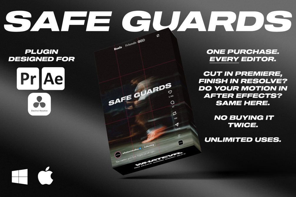 Safe Guards by WHATEVR, panel + titles for Premiere Pro, After Effects, DaVinci Resolve