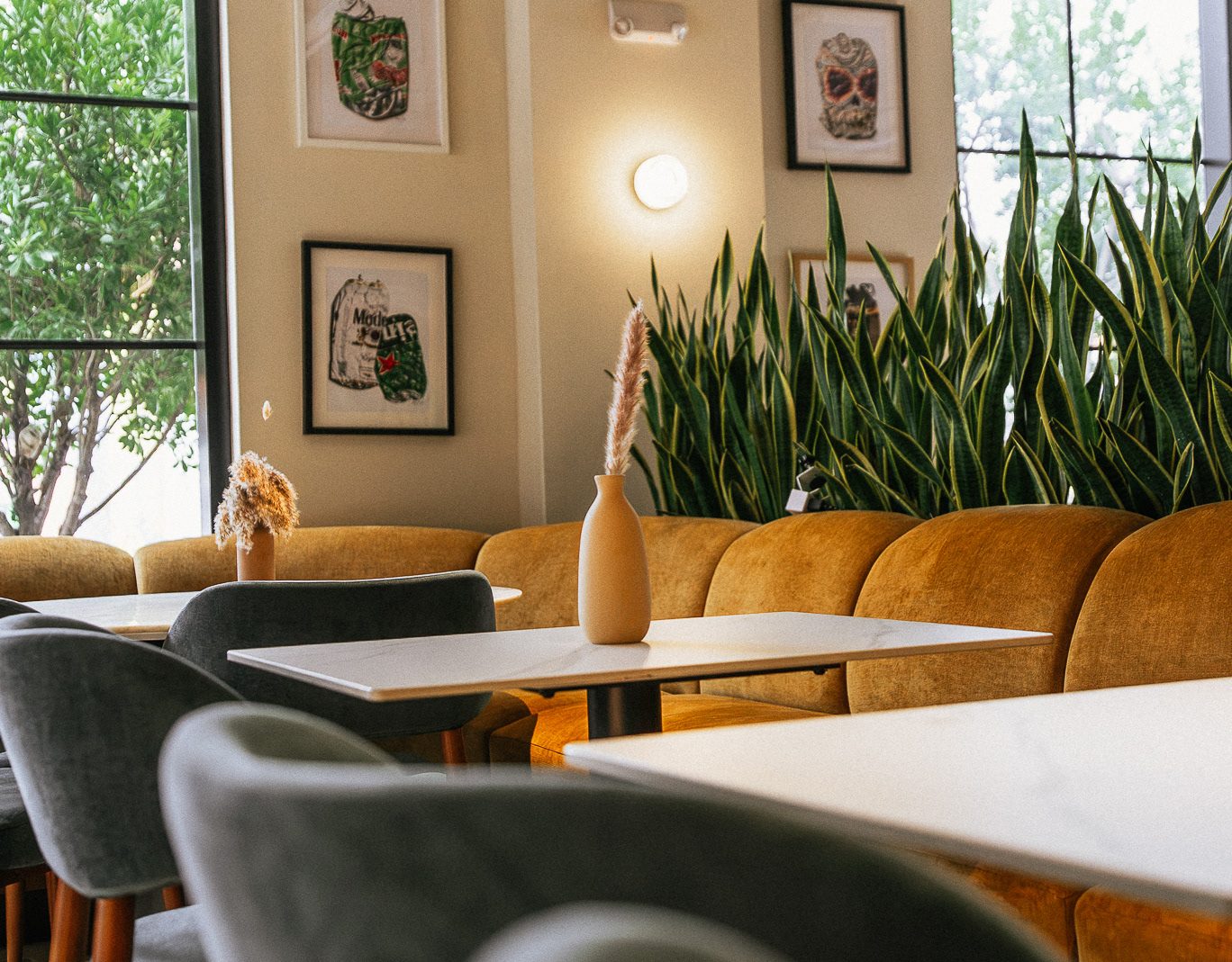 Sunlit dining room at Cotidiano in Wynwood, Miami: mustard velvet banquettes, marble tables and a wall of snake plants