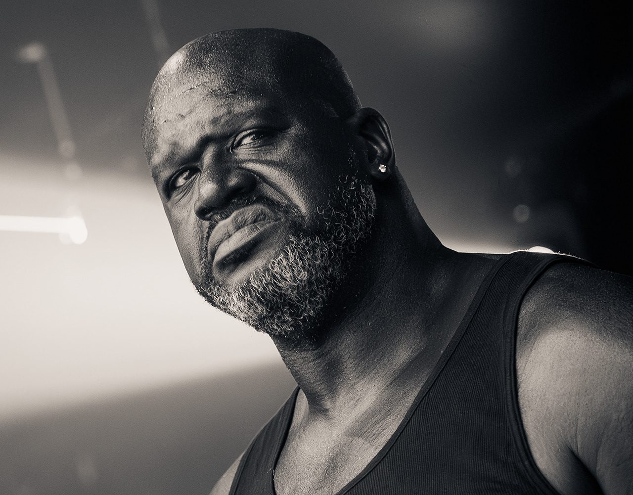 Black and white portrait of Shaquille O'Neal, DJ Diesel, at DAER